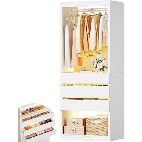 Freestanding 2FT Closet System with 3 Wood Drawers & Glasstop, 24" Closet Organizer System with Hanging Rod & LED Lights, Walk-in Closet Systems for Small Closets, White (24"L x 16" W x 80" H)