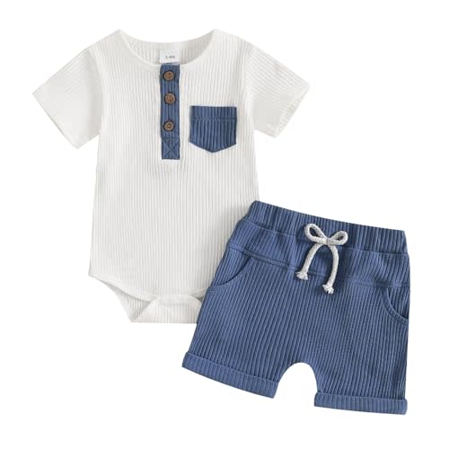 fhutpw Baby Boy Clothes Short Sleeve Romper & Shorts Sets Newborn 3 6 12 Months Summer Knitted Ribbed Splicing Color Outfits