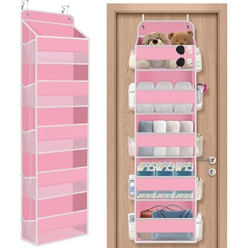 5-Tier Over The Door Organizer Hanging Storage Organizers with Clear Window 40lb Large Capacity Room Organizer for Pantry Bathroom Nursery Closet(Pink)
