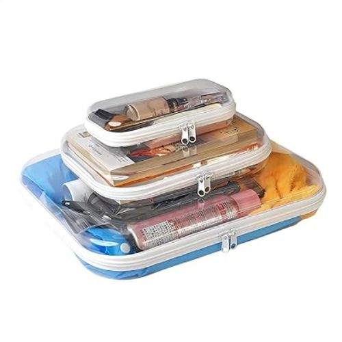 3 Pack Clear Hard Shell Zipper Case, Plastic Storage Pouch Bags With Zipper (Clear, Small+Medium+Large)