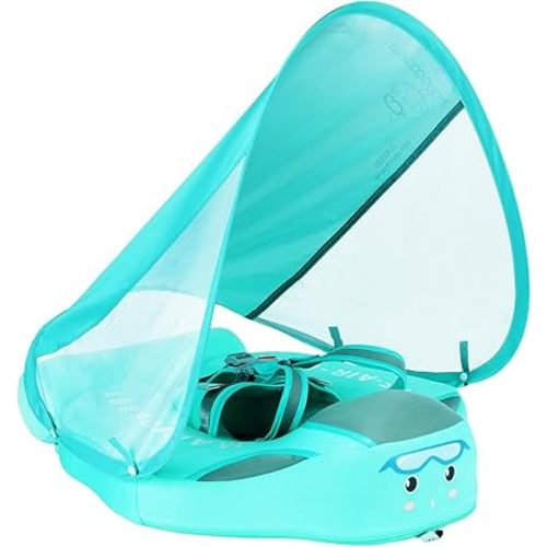 Mambobaby Float Add Tail No Flip Over Non-Inflatable Baby Swim Float Pearl Foam Solid Water Floats Smart Swim Trainer Infant Pool Float Swim Ring with Sun Canopy