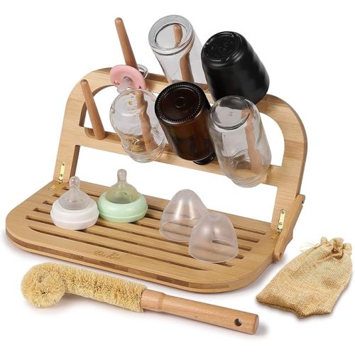Bamboo Baby Bottle Drying Rack - Space Saving Bottle Dryer & Holder