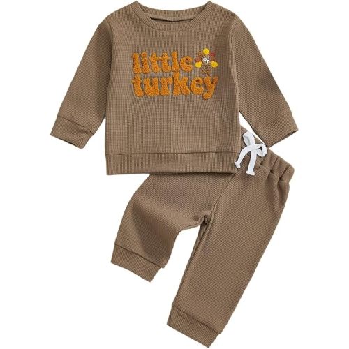 Toddler Baby Boy Thanksgiving Outfit Little Turkey Embroidery Long Sleeve Waffle Knit Sweatshirt Pants Set
