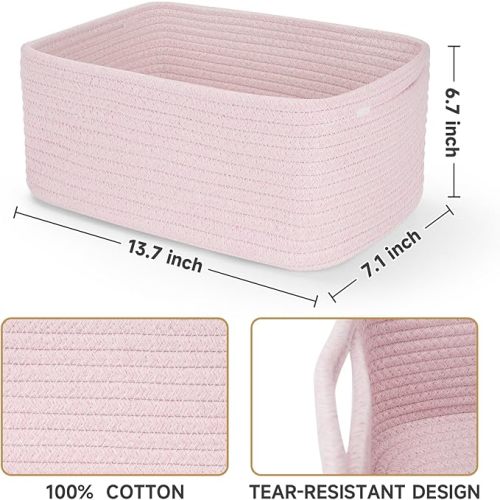 3-Pack Storage Baskets for Organizing | Woven Shelf Toy Basket | Rope Baskets for Gifts Empty | Closet Organizer Bins with Handles | Cube Decorative Box | 13.7×7.1×6.7” | Mixed Pink
