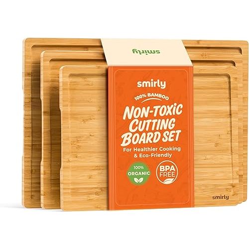 SMIRLY Bamboo Wooden Cutting Boards for Kitchen, Set of 3 Large - Small, Bamboo Wood Cutting Board Set with Deep Juice Grooves, Non Toxic Serving Tray, Perfect Mother's Day Gifts
