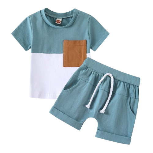 Xudanell 18 Month Boy Clothes Two Piece Patchwork Set Summer Solid Patchwork Pants Sets Boys Outfits Light Blue 6-12 Months