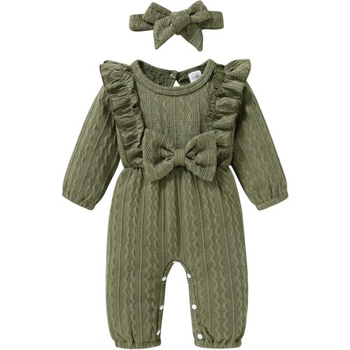 Happy Town Baby Girl Romper Infant Fall Winter Clothes Ruffle Sweater Long Sleeve Bodysuit Jumpsuit and Headband