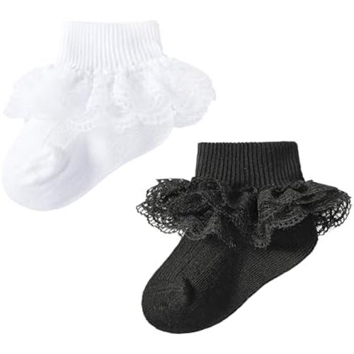 Methee ​Baby Girls Ruffle Socks, Infant Girls Double Lace Frilly Socks Newborn Spring and Autumn Thin Dress Turn Cuff Sock