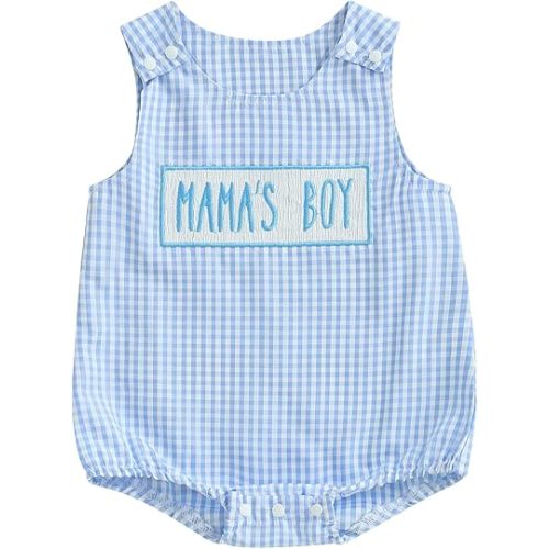 Mama's Boy Baby Clothes Infant Gingham Romper Newborn Summer Overalls Embroidery Letter Sleeveless Bubble Bodysuit