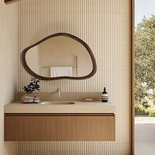 35"x24" Wood Bathroom Mirror Wall Mounted, Dark Walnut Irregular Wall Mirror, Rustic Farmhouse Vanity Mirror for Bedroom Living Room Bathroom Entryway, Horizontal/Vertical