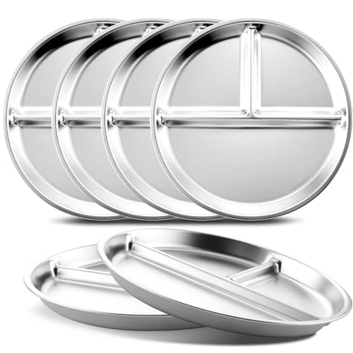 Bakpoco Stainless Steel Kids Plates Set of 6, 9" Portion Control Plates Divided Plate for Adults Toddlers Balance Lunch, Bariatric & Diabetic Diet, Non Toxic Camping Metal Snack Plate for Eating