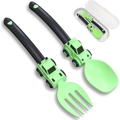 Deinyi Construction Toddler Utensils - Toddler Forks and Spoons - Kids Construction Toys Utensils - Forks and Spoons Silverware Set - Easter Birthday for 1 2 3 4 5 year old, Green