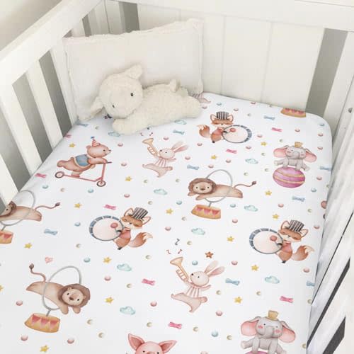 Watercolor Circus Animals Baby Crib Sheets 52''x28'' Cartoon Bear Lion Fox Bunny Elephant Pig Snug Fitted Crib Mattress Cover for Boy Girl Soft Nursery Crib Mattress Sheet or Toddler Bed Sheets