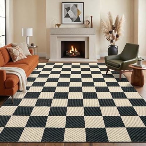 Garvee 5x7 Black and Brown Checkered Rug for Living Room, Washable Rugs 5x7 Non Slip Soft Low Pile Geometric Print Plaid Area Rug for Dining Room Bedroom Nursery Office Playroom Carpet