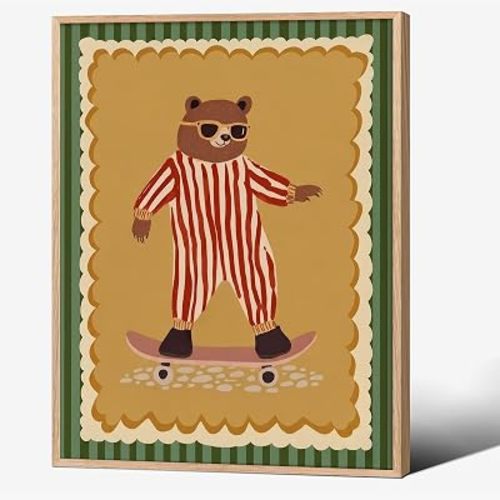 Funny Bear skateboarding Cool Poster Cute Animal Picture Canvas Wall Art Minimalist Kids Nursery Prints Painting 12x16inch Plane frame for Baby Boys Bedroom Playroom Room Reading Decor