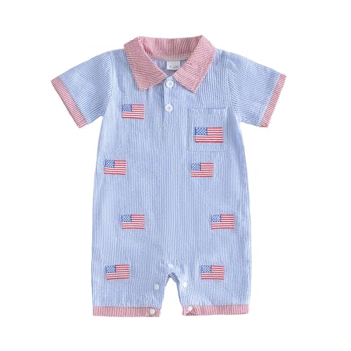 Bagilaanoe Infant Baby Boy 4th of July Outfit American Flag Collared Button Up Short Sleeve Romper Jumpsuit