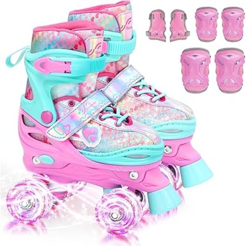 Sportneer Kids Roller Skates: 4 Size Adjustable Quad Skates with Light Up Wheels for 5-8, 8-12 Girls Boys Kids Toddlers Beginners, Birthday Gift with Protective Gear Set for Outdoor Indoor