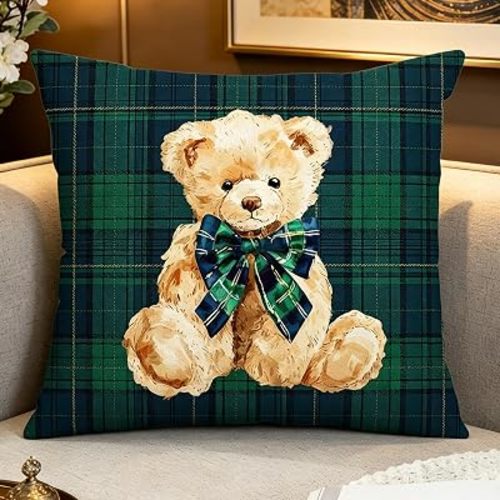 Whaline 2 Pcs Tartan Bear Pillow Cover Green Navy Preppy Plaids Bear Throw Pillow Case British Style Cushion Cases for We Can Bearly Wait Baby Shower Party Decor Sofa Couch Christmas, 18 x 18 Inch
