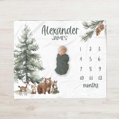 Woodland Animal Milestone Blanket- Baby Boy Monthly Photos Blanket- Personalized Newborn Photo Prop -Custom Baby Shower Gift -OM368
