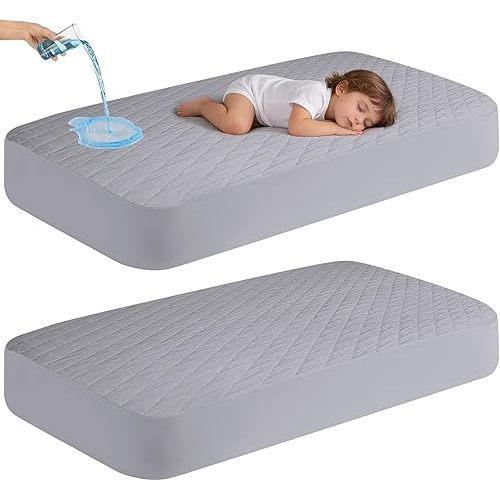 2Pack Waterproof Crib Mattress Protector,Cotton 52X28 Fitted Crib Sheets Crib Mattress Protector Sheets,Soft Toddler Bed Sheets,Washable Infant Fitted Baby Bed Sheets (Gray, 52X28inch)