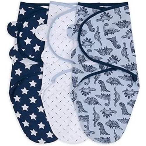 The Peanutshell Baby Swaddle Blankets Set of 3 - Baby Boy Sleep Sack for Newborn, Newborns Sack 0-3, 3-6 Month Swaddles, Soft & Breathable Cotton - Blue Dinosaur (M/L)