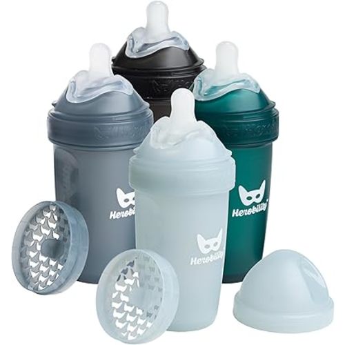 Herobility Anti-Colic Baby Bottles 8.5 oz/240ml - Pack of 4 Plastic Baby Bottles, Medium Flow Plastic Bottles, Breast-Shaped Teat for Breastfed Babies- Multicolor -Black, Dark Green, Iron Blue, Grey