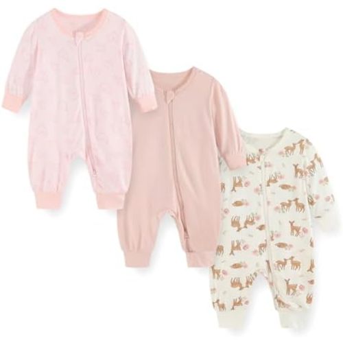 falianni 3 Pack Cartoon Baby Unisex Jumpsuits Comfy Solid Color New born Boy Girl Rompers Long Sleeve Zipper Infant Colthes