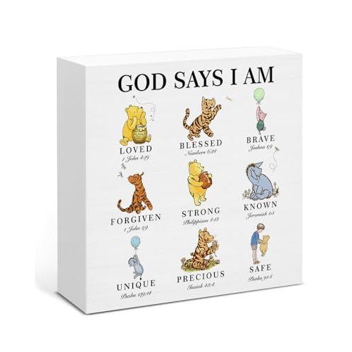 Pooh Bear Christian Decor, Inspirational Gifts for Kids Teen God Says I Am Wooden Sign for Nursery Classrooms Bedroom Shelf, Bible Verse Decorations 5 x 5 Inches