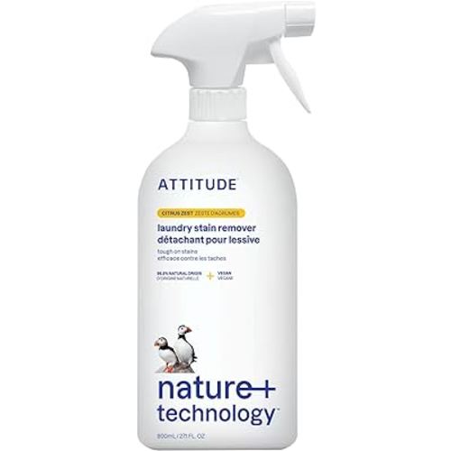 ATTITUDE Stain Remover Spray for Laundry, Removes Odors & Stains, Plant-Based & Vegan, Made in Canada, Citrus Zest Scent, 800 mL