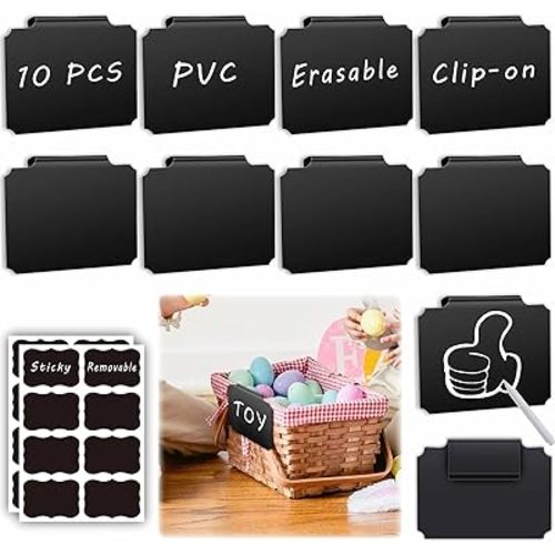 27-Piece Set of Basket Labels Clip On for Storage Bins: 10 Erasable Plastic Kitchen Pantry Labels, 16 Removable PVC Tag Stickers, 1 White Chalk Marker, for Organization Container, Jar, Shelf, Laundry