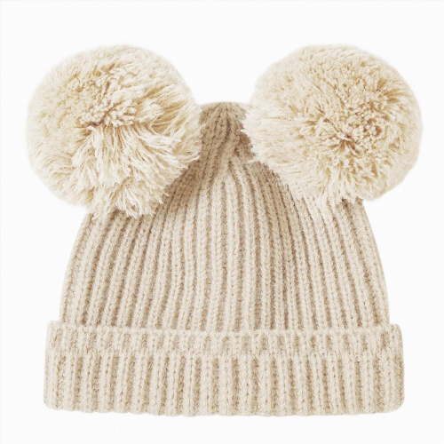 UngA Baby Pom Pom Beanie, Warm Winter Hat for Infants and Toddlers, Double Pom Poms for Baby Girls & Boys (Khaki,0-12 Months)