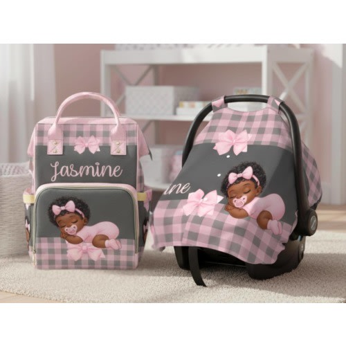 Personalized Diaper Bag Baby Shower Gift for Baby Shower Gifting New Mom Gift Diaper Bag Backpack Car Seat Cover Black Girl Pink Baby Gift