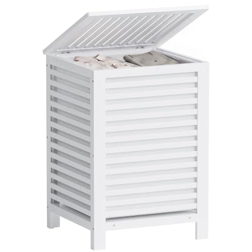 SMIBUY Double Laundry Hamper with Lid, 120L Bamboo Laundry Basket with Removable Liner Bag, 2-Section Clothes Divider Laundry Sorter for Laundry Room, Bathroom, Bedroom (White)