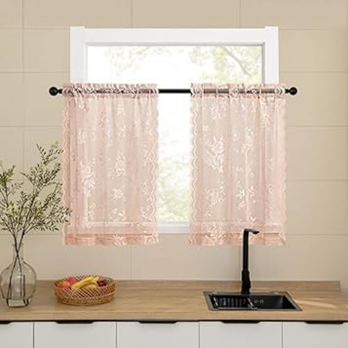 Blush Pink Kitchen Cafe Curtains - 30 Inch Length Rod Pocket Sheer Lace Ligh Filtering 2 Panels Set Modern Floral Lace Curtains for Small Window RV Basement Laundry Camper, 26x30