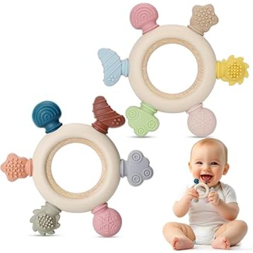 2 Packs Baby Teething Toy for Babies 0-3-6-12,18 Months, BPA Free Silicone & Natural Beech Baby Teething Ring for Teething Relief, Wooden Ring Toy for Newborn Boys, Girls