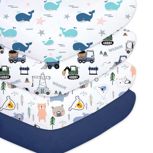 Little Grape Land Crib Sheets for Baby Boys 4 Pack, 28"x 52" Extra Soft Microfiber Crib Sheet Set for Standard Crib & Toddler Mattress Pad, Whale & Truck & Little Bear & Navy Blue