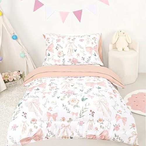 4 Piece Toddler Bedding Set, Ultra Soft and Breathable Toddler Comforter Sets for Girls Includes Quilted Comforter, Fitted Sheet, Flat Sheet and Pillowcase, Pink Flowers