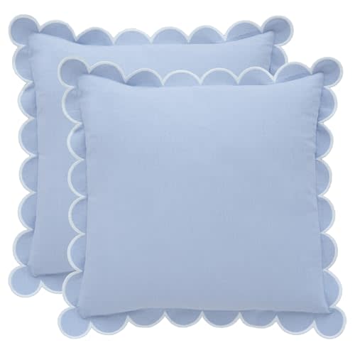 BEBE BASK Blue Scalloped Pillow Cover - Set of 2-18 x 18 Inch - Scallop Pillow Cover - Scalloped Pillows - Scallop Pillows - 100% Cotton - Grandmillennial Style (Sky Blue/White)
