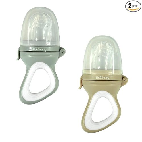 RaZbaby Baby Solids/Frozen Fruit Feeder Pacifier, Infant Teether Toy 6M+, BPA-Free, Safely Introduce Solids, Natural Teething Relief, Dishwasher Safe, Freezable – Grey & Tan 2-Pack