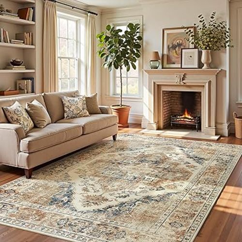 jinchan 8x10 Large Area Rug Vintage Washable Non-Slip Rug for Living Room Bedroom Dining Room Kitchen Home Office Thin Elegant Retro Lightweight Chenille Rug Taupe Blue