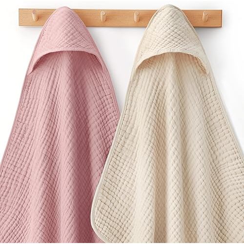 Looxii Baby Bath Towels 2 Pack Muslin Hooded Baby Towels for Newborn and Infants, 100% Cotton, Large 32x32Inch, Soft and Absorbent Beige+Pink