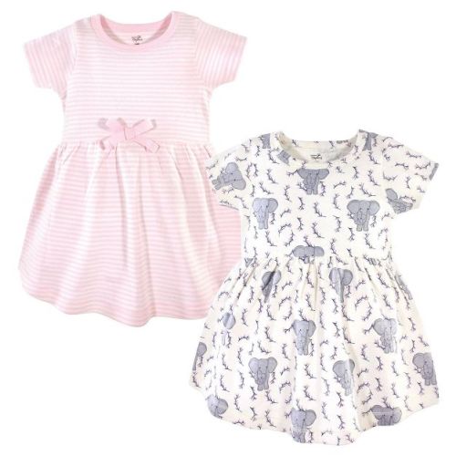 Touched by Nature Baby and Toddler Girl Organic Cotton Short-Sleeve Dresses 2pk, Pink Elephant, 3-6 Months