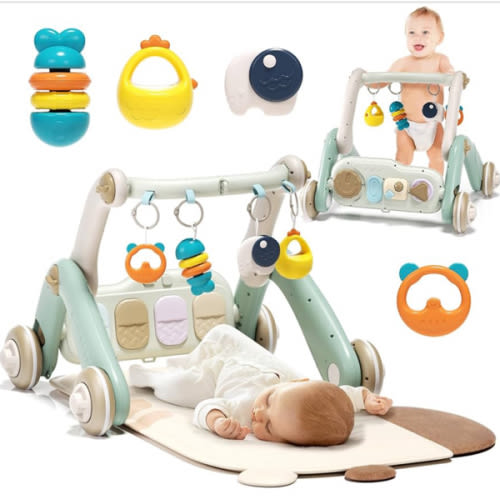 2 in 1 Baby Gym with Walker,Baby Play Mat with 4 Infant Learning Sensory,Double-Sided Multifunctional Removable Play Piano Panel,Sit-to-Stand Learning Walker for 0-24 Months Boy Girl [White]