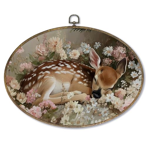Fewgb Floral Fawn Deer Oval Wall Art Decor Framed, Vintage Cottagecore Cottage Core Canvas Wall Art Prints Picture, Spring Forest Farmhouse Hanging Room Decor for Nursery Bedroom Kids Room 9x12