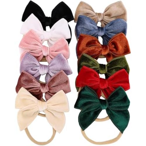 Pack of 12 Velvet Bow Headband for Newborn Baby Toddler Girl Soft Nylon Hairbands Elastic Hair Bands (Fable Bow 3 inch 12 pcs)