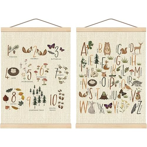 Boat Wades Alphabet Numbers Nursery Wooden Poster Hangers Set of 2, ABC 123 Forest Animal Educational Poster Hanger Frame Decor for Nursery Kids Room Playroom Classroom Homeschool, 16X24Inch