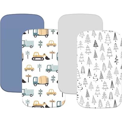 4 Pack Bassinet Sheets Compatible with 20" x 35" Newton, Jimglo 3 in 1, HARPPA and Larex 3 in 1 Baby Bassinet, Soft and Skin-Friendly, Blue Truck & Grey Forest