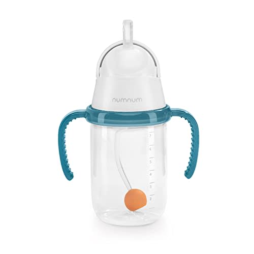 NumNum Weighted Straw Cup for Infant & Toddler 6-12 months - Expert Endorsed - 7oz Training Baby Cups w/Removable Handles - Easy to Use Self Feeding & Drinking Skills - Food-Grade Silicone (Blue)