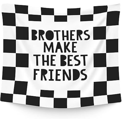 WAITPI Brothers Make the Best Friends Boys Hanging Wall Tapestry for Bedroom, Black and White Checkered Wall Hanging Decor Tapestry for Boys Kids Nursery Room Playroom, 50x60in
