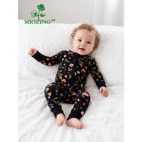 MIOZING Baby Girl Midnight Wildflower Floral Print Romper, Black Long Sleeve Zipper Jumpsuit, Soft Bamboo Fiber, Casual Loungewear For Baby Girls | SHEIN USA